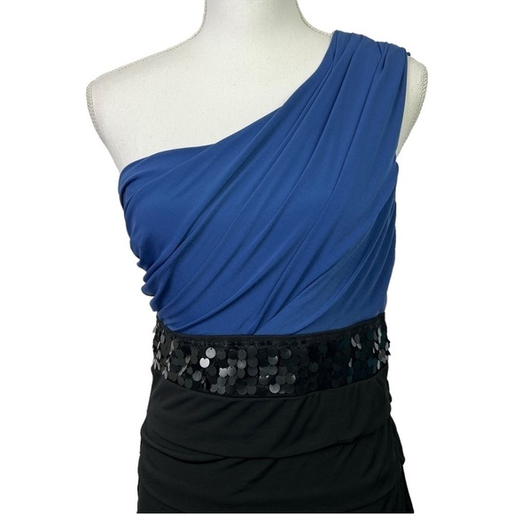 NWT Studio Y Women’s One Shoulder Dress Sz Medium Blue/Black Sequins Side Zipper - Picture 2 of 16